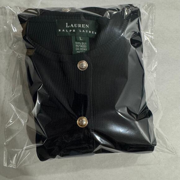 Vintage 100% Silk Navy LAUREN Ralph Lauren Gold Button Cardigan Sweater Large - Picture 12 of 12